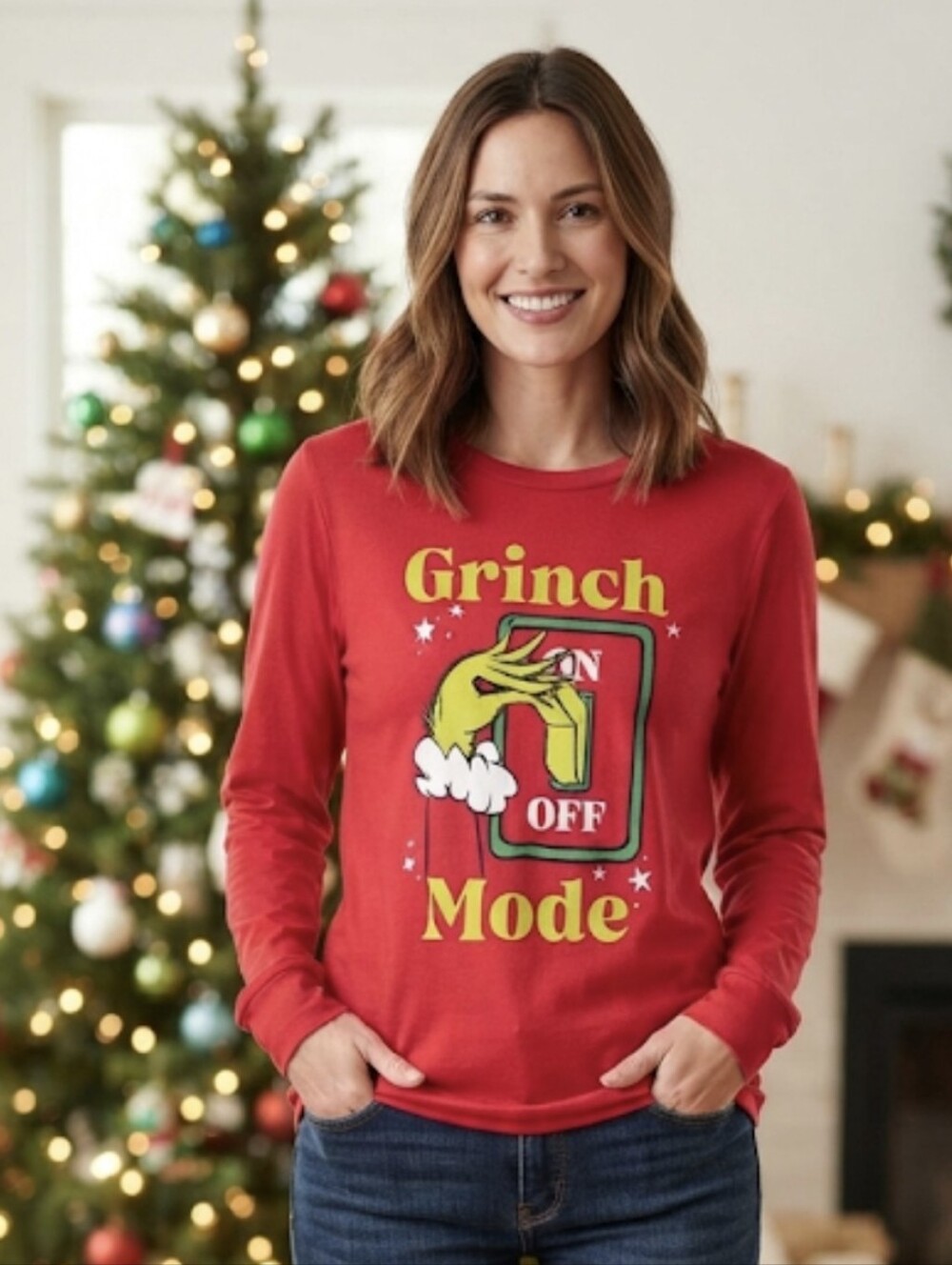 Dr. Seuss The Grinch Mode Long Sleeve Graphic T-Shirt Christmas Holiday Red SZ M